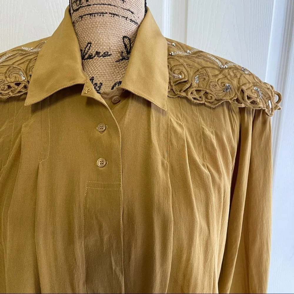 Le Painty Paris Pure Silk Shirt Embroidery Silk Top Office Wear Embellished